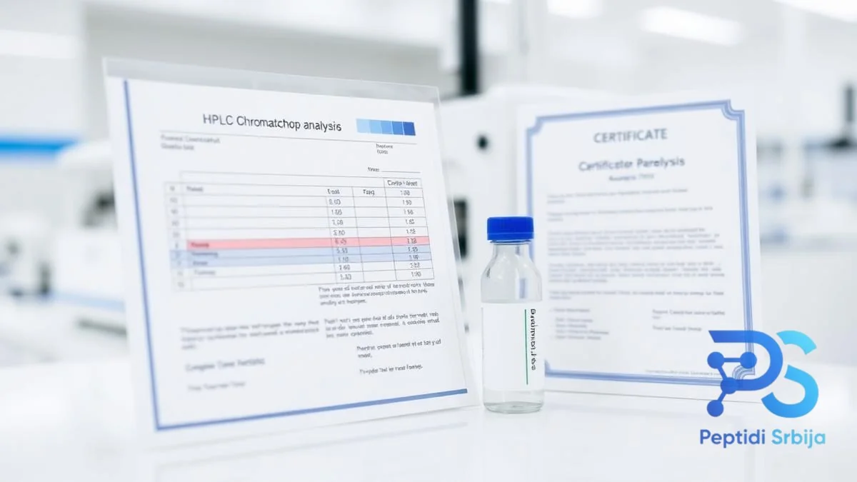 COA sertifikat i HPLC hromatogram pored vijale istraživačkog peptida — Peptidi cena u Srbiji COA sertifikat i HPLC hromatogram pored vijale istraživačkog peptida — Peptidi cena u Srbiji